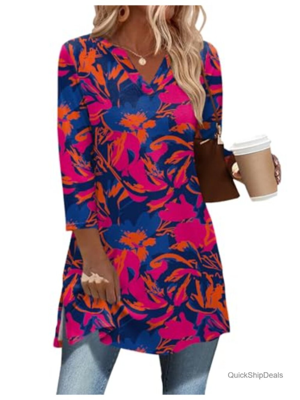 Womens 3/4 Sleeve V-Neck Tunic Top Boho Peasant Blouse